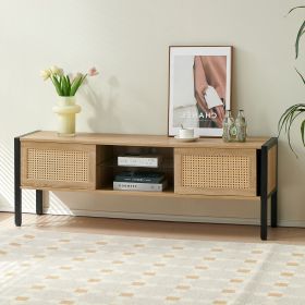 54.33" Rattan TV cabinet with variable color light strip, double sliding doors for storage, adjustable shelf, metal legs, TV console for living r