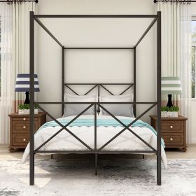 Metal Canopy Bed Frame, Platform Bed Frame With X Shaped Frame Full Black (Option: Queen)